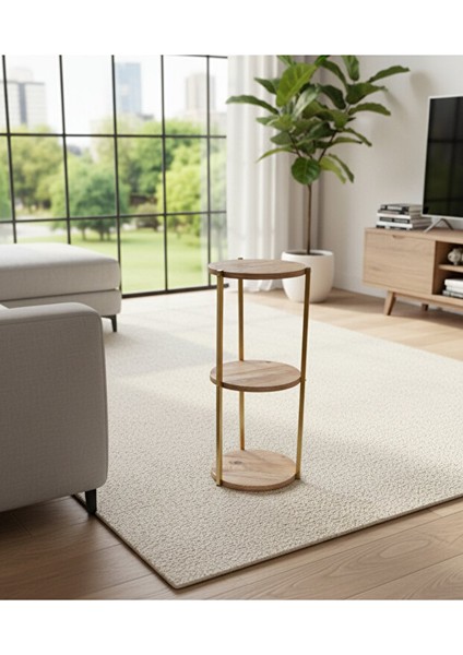 Dekoratif 3 Katlı Raflık, Çiçeklik, Köşe Rafi, Sehpa Çok Amaçlı Raf -Gold Ceviz-