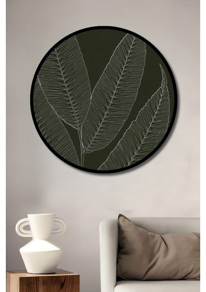 Dekoratif Ahşap Yuvarlak Çerçeve Görünümlü Tablo Yeşil Yapraklar
