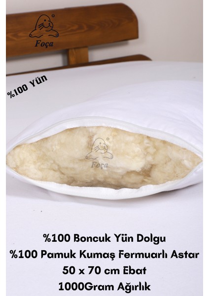 %100 Doğal Merinos Kuzu Yünü Dolgulu Kokusuz Yıkanabilir Yumuşak Yün Yastık (50 x 70 cm Ebat / 1000 Gram)
