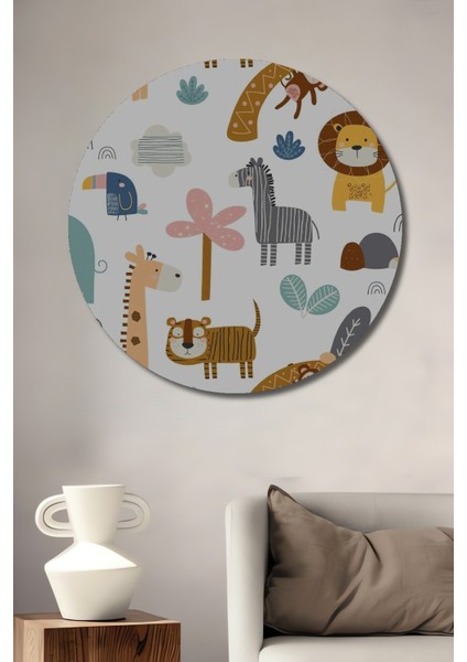 Dekoratif Ahşap Yuvarlak Tablo Renkli Hayvanlar Alemi