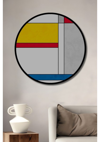Dekoratif Ahşap Yuvarlak Çerçeve Görünümlü Tablo Renkli Geometri