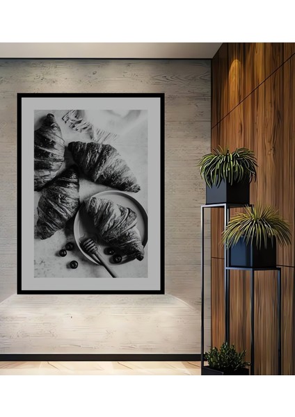 Dekoratif Ahşap Dikdörtgen Tablo Kruvasan Kahvaltısı Çerçeve Görünümlü