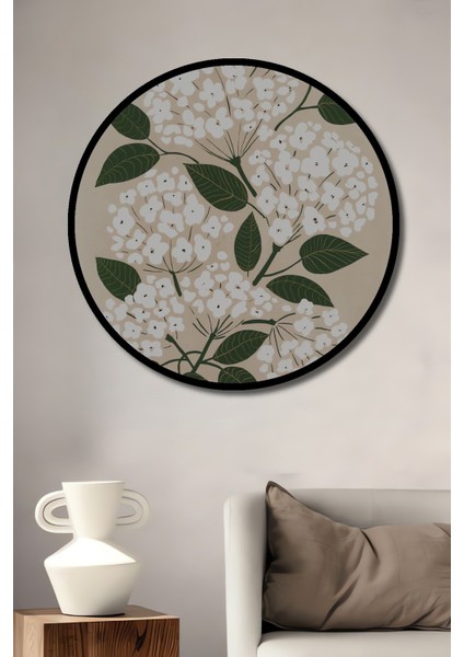 Dekoratif Ahşap Yuvarlak Çerçeve Görünümlü Tablo Beyaz Çiçekler