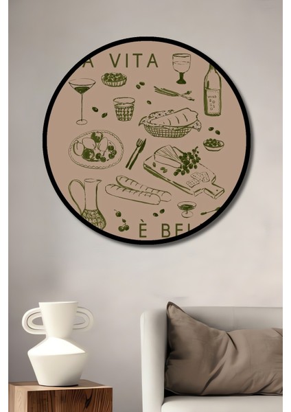 Dekoratif Ahşap Yuvarlak Çerçeve Görünümlü Tablo Italyan Mutfağı