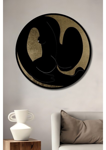 Dekoratif Ahşap Yuvarlak Çerçeve Görünümlü Tablo Altın Şekiller