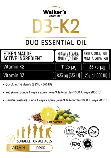D3 K2 20 ml ( Zeytinyağı , Keten Tohumu Yağı ) Sprey Damla - 1 Walkers D3 K2 20 ml ( Zeytinyağı , Keten Tohumu Yağı ) Sprey Damla