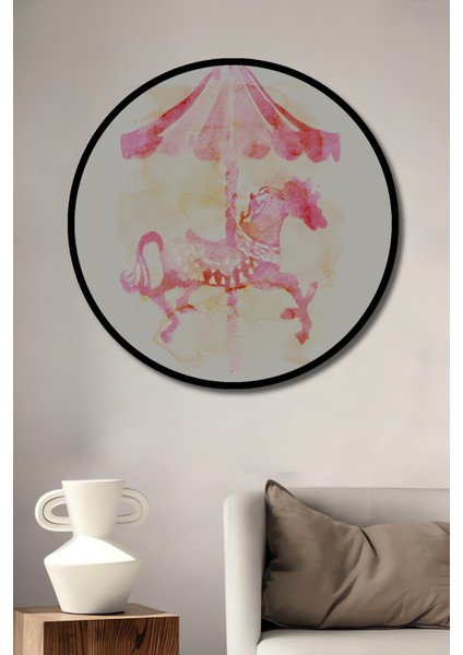 Dekoratif Ahşap Yuvarlak Çerçeve Görünümlü Tablo Pembe Atlıkarınca
