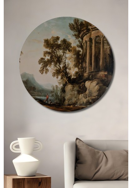 Dekoratif Ahşap Yuvarlak Tablo Antik Harabeler Manzarası