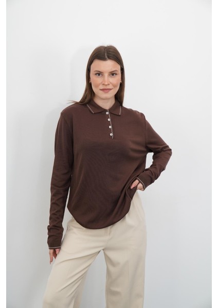 Polo Yaka Düğmeli Triko-Kahverengi