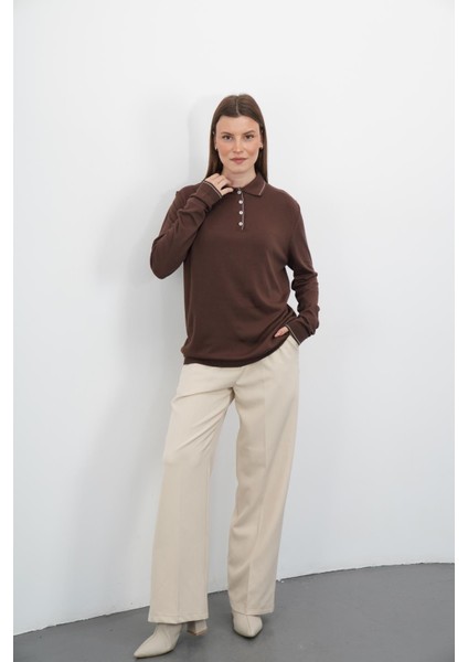 Polo Yaka Düğmeli Triko-Kahverengi fiyatları