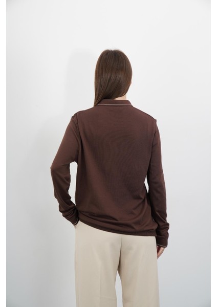 Polo Yaka Düğmeli Triko-Kahverengi