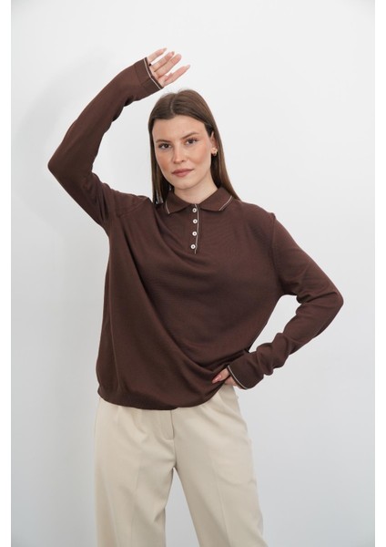 Polo Yaka Düğmeli Triko-Kahverengi