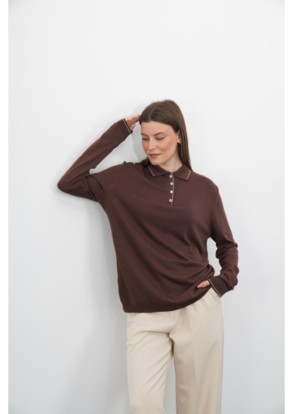 Polo Yaka Düğmeli Triko-Kahverengi