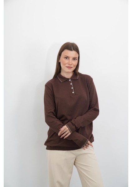 Polo Yaka Düğmeli Triko-Kahverengi