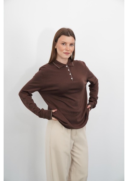 Polo Yaka Düğmeli Triko-Kahverengi