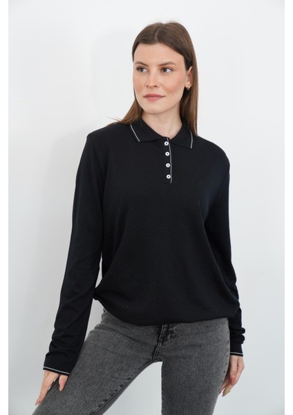 Polo Yaka Düğmeli Triko-Siyah
