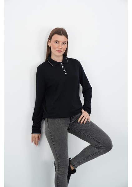 Polo Yaka Düğmeli Triko-Siyah fiyatları