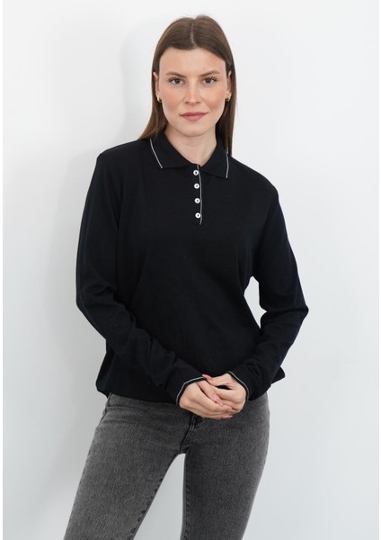 Polo Yaka Düğmeli Triko-Siyah
