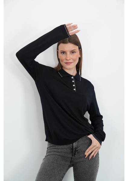 Polo Yaka Düğmeli Triko-Siyah