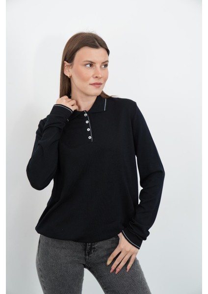 Polo Yaka Düğmeli Triko-Siyah