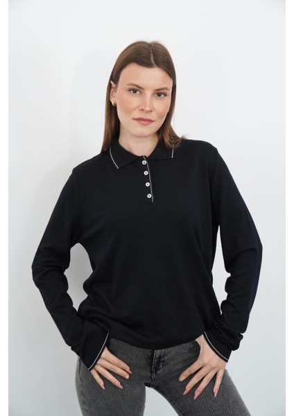 Polo Yaka Düğmeli Triko-Siyah