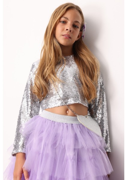 Gümüş Uzun Kollu Pullu Kız Çocuk Crop Bluz