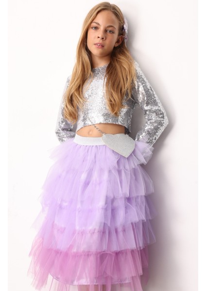 Gümüş Uzun Kollu Pullu Kız Çocuk Crop Bluz fiyatları