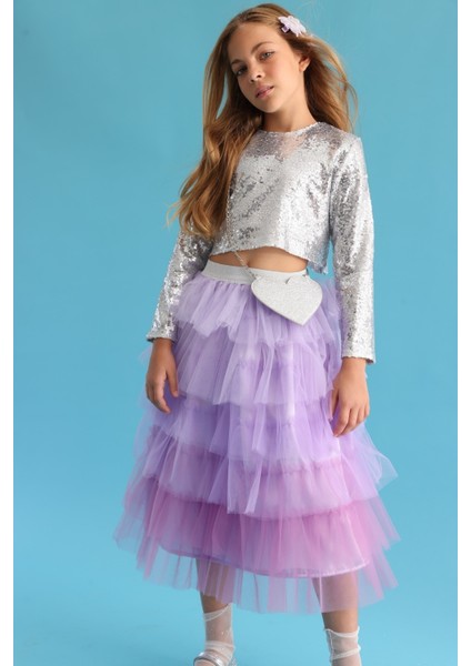 Gümüş Uzun Kollu Pullu Kız Çocuk Crop Bluz modelleri