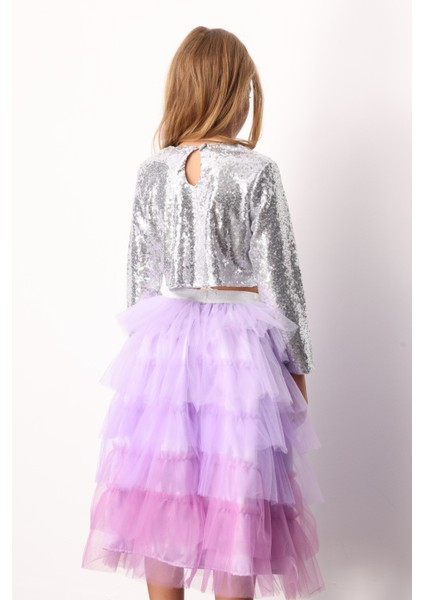 Gümüş Uzun Kollu Pullu Kız Çocuk Crop Bluz fırsatları