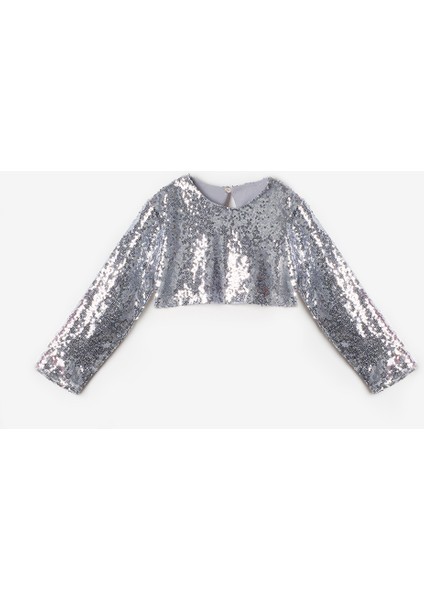 Gümüş Uzun Kollu Pullu Kız Çocuk Crop Bluz indirimleri