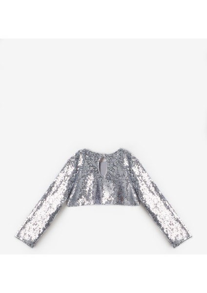 Gümüş Uzun Kollu Pullu Kız Çocuk Crop Bluz