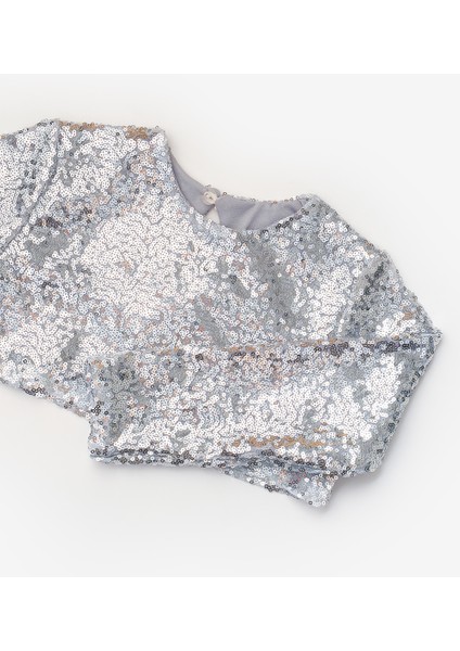 Gümüş Uzun Kollu Pullu Kız Çocuk Crop Bluz