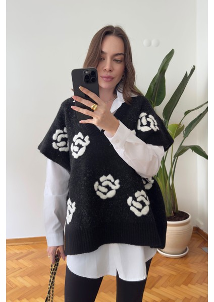 Elivra Çiçek Desenli Süveterli Gömlek Takım- Siyah