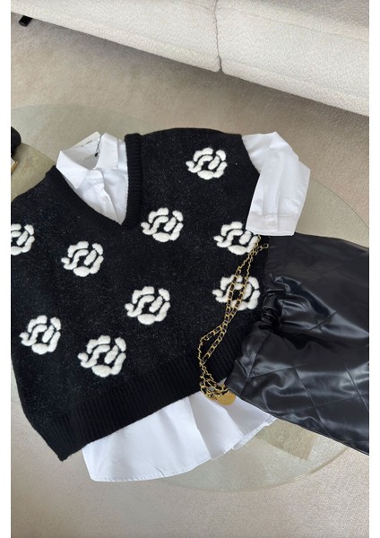 Elivra Çiçek Desenli Süveterli Gömlek Takım- Siyah