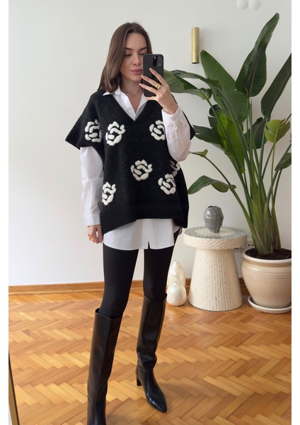 Elivra Çiçek Desenli Süveterli Gömlek Takım- Siyah