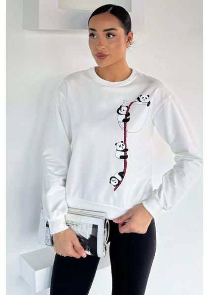 Kadın Ön Baskılı Bisiklet Yaka Sweatshirt P-00018479