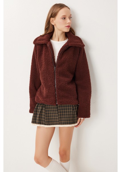 Polo Yaka Fermuarlı Peluş Sweatshirt LCI0042 Kahverengi