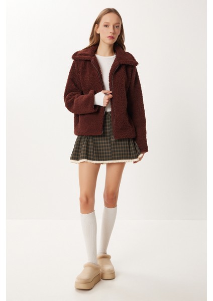 Polo Yaka Fermuarlı Peluş Sweatshirt LCI0042 Kahverengi fiyatları