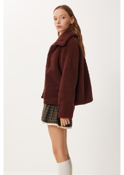 Polo Yaka Fermuarlı Peluş Sweatshirt LCI0042 Kahverengi modelleri