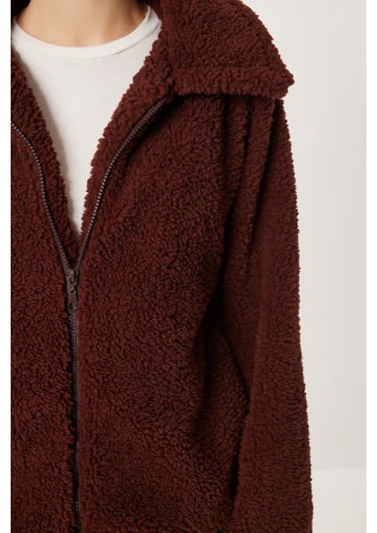 Polo Yaka Fermuarlı Peluş Sweatshirt LCI0042 Kahverengi fırsatları