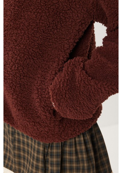 Polo Yaka Fermuarlı Peluş Sweatshirt LCI0042 Kahverengi indirimleri