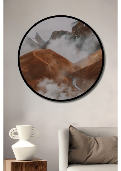 Dekoratif Ahşap Yuvarlak Çerçeve Görünümlü Tablo Sisli Dağlar