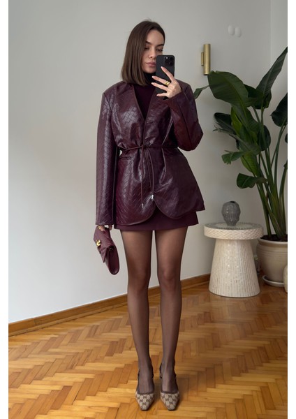 Kare Desen Premium Kemerli Deri Ceket- Bordo