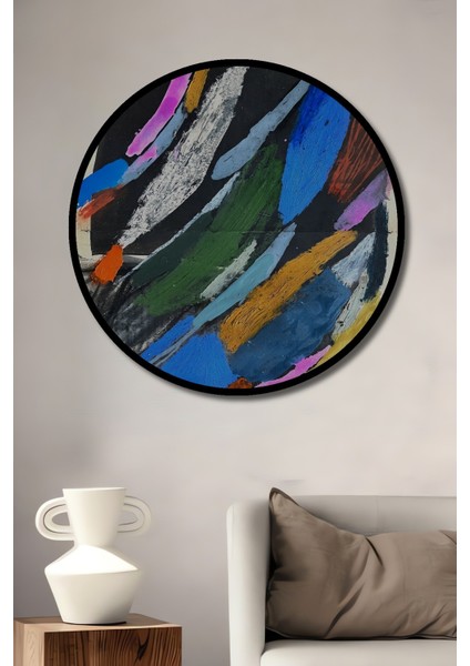 Dekoratif Ahşap Yuvarlak Çerçeve Görünümlü Tablo Renklerin Dansı