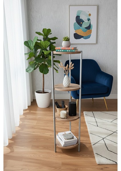 Dekoratif 4 Katlı Raflık, Çiçeklik, Köşe Rafi, Sehpa Çok Amaçlı Raf -Gri Ceviz-