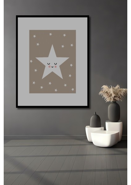 Dekoratif Ahşap Dikdörtgen Tablo Sevimli Yıldızlar Çerçeve Görünümlü