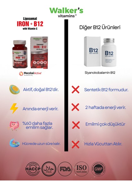 Lipozomal B12 Demir C Vitamini Methylcobalamin ( Metilkobalamin ) 30 Enerji Kapsül fırsatları