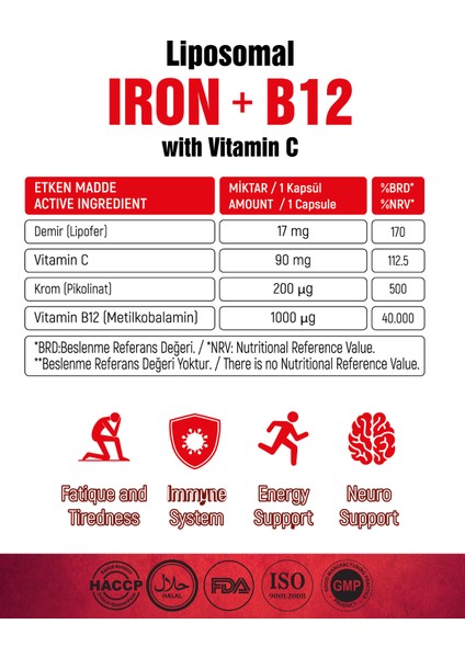 Lipozomal B12 Demir C Vitamini Methylcobalamin ( Metilkobalamin ) 30 Enerji Kapsül