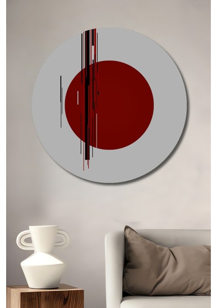 Dekoratif Ahşap Yuvarlak Tablo Kırmızı Daire Soyut Çizgiler