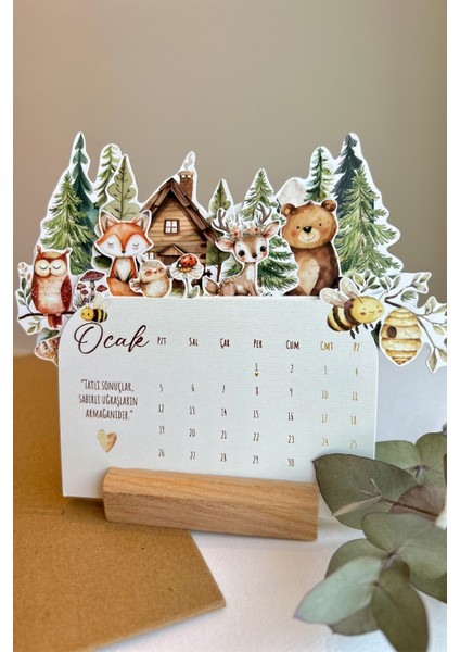 2026 Orman Dostları Masa Takvimi | Sevimli Hayvanlar Temalı | Ahşap Standlı Dekoratif Takvim